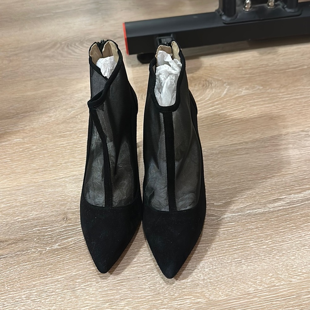 High heeled stiletto leather and mesh cutout ankle booties